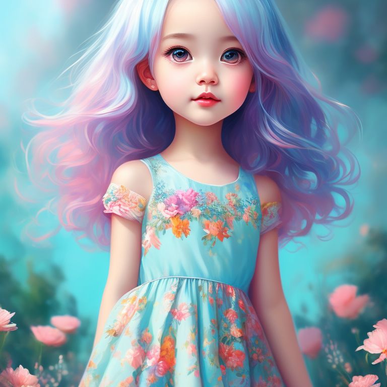 Painting, Pretty girl wearing colorful floral dress, light blue hair, short straight hair shoulder length, cute, walking in the mall, adorable digital painting, cute detailed digital art, cute digital art, cute detailed artwork, beautiful digital artwork, Realistic, beautiful digital painting