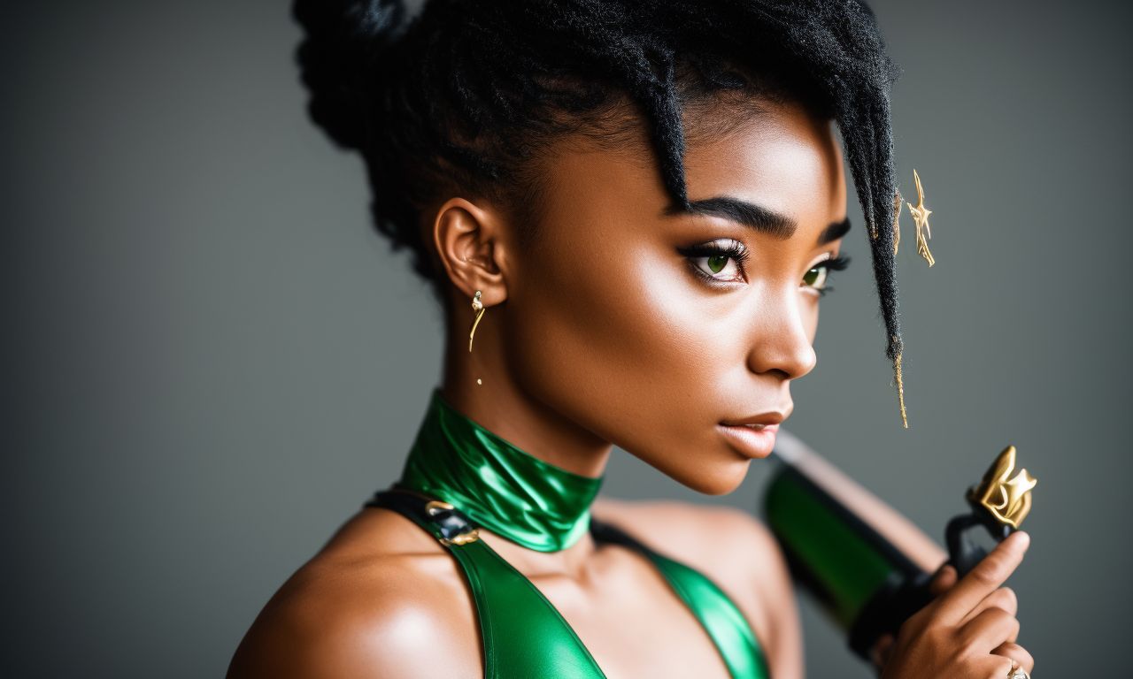 soft-wombat67: One girl, Tati Gabrielle face, mortal Kombat Edenia scene,  brown light skin, wearing green black and gold mask, green black and gold  bodysuit, smokey eyes, toned, black hair, ponytail, holding no