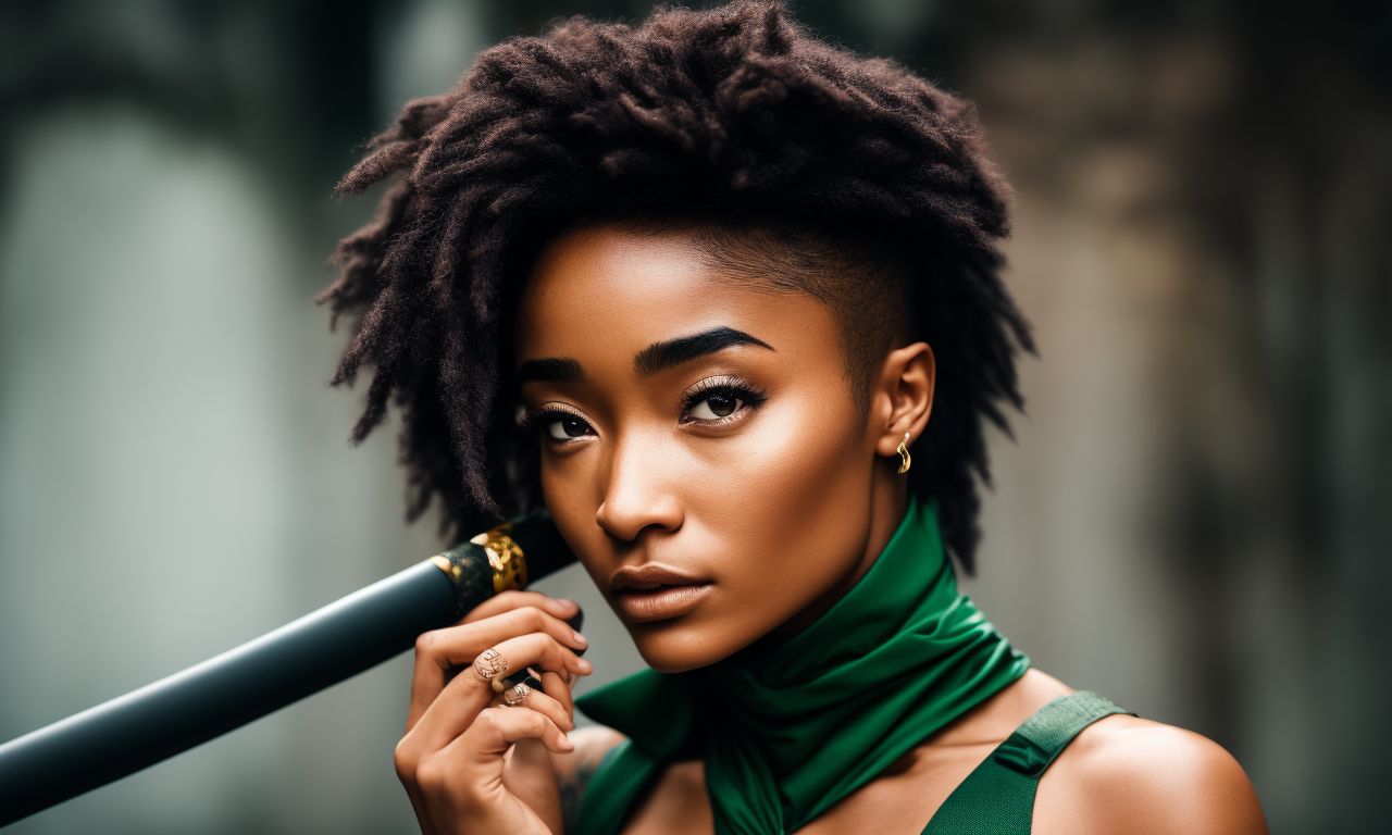 soft-wombat67: One girl, Tati Gabrielle face, mortal Kombat Edenia scene,  brown light skin, wearing green mask, green black and gold bodysuit, smokey  eyes, toned, black hair, ponytail, holding no