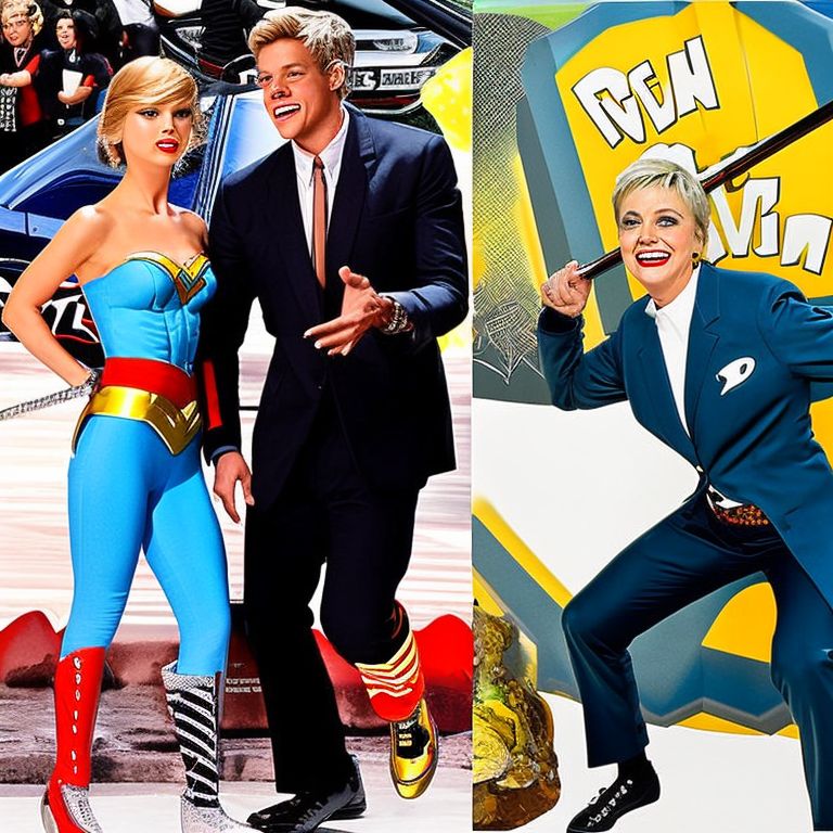 Taylor Swift and Usain Bolt embarking on a journey to explore the Arctic tundra with Ellen DeGeneres, Harry Styles, Wonder Woman, Ryan Reynolds or some other beloved celebrity engaging in their favorite hobby., Five variated stacked and tiled action-filled full body exaggerated caricatures of characters riding weird vehicles in odd situations with weird facial expressions illustrated by the best and most famous caricature artists and placed in a comic strip. Five colorful with unusual colors Full body in a action-filled situation portrait illustrations on paper by Jack Kirby.