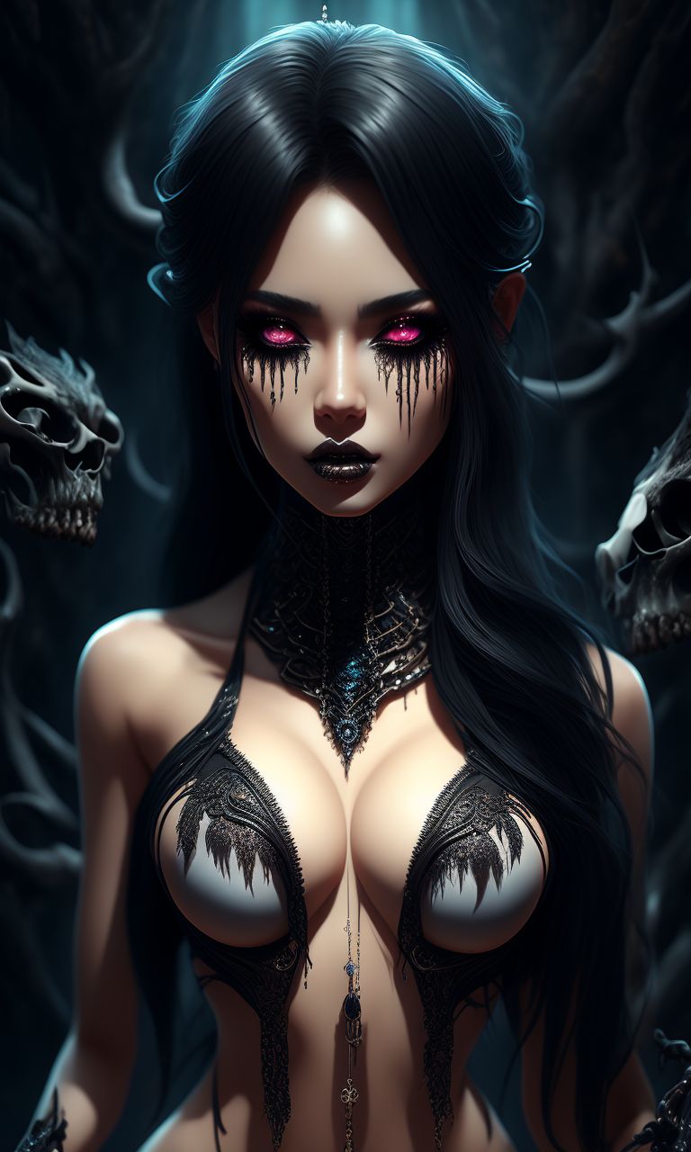 burly-alpaca864: without wearing, without bikini, without dress, without  t-shirt, without ame closing and wearing, beautiful female necromancer with  glossy straight black hair . Dripping black mascara, mystical makeup,  intricate makeup. surrounded by