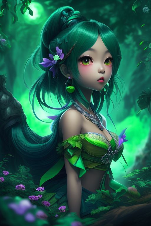 a young frog yokai woman with dark skin and long green hair wearing a spirit outfit with green and blue accents, Realistic, Perfect face, Cute, stunning landscape  background illustration concept art anime key visual, color manga style, trending on pexels