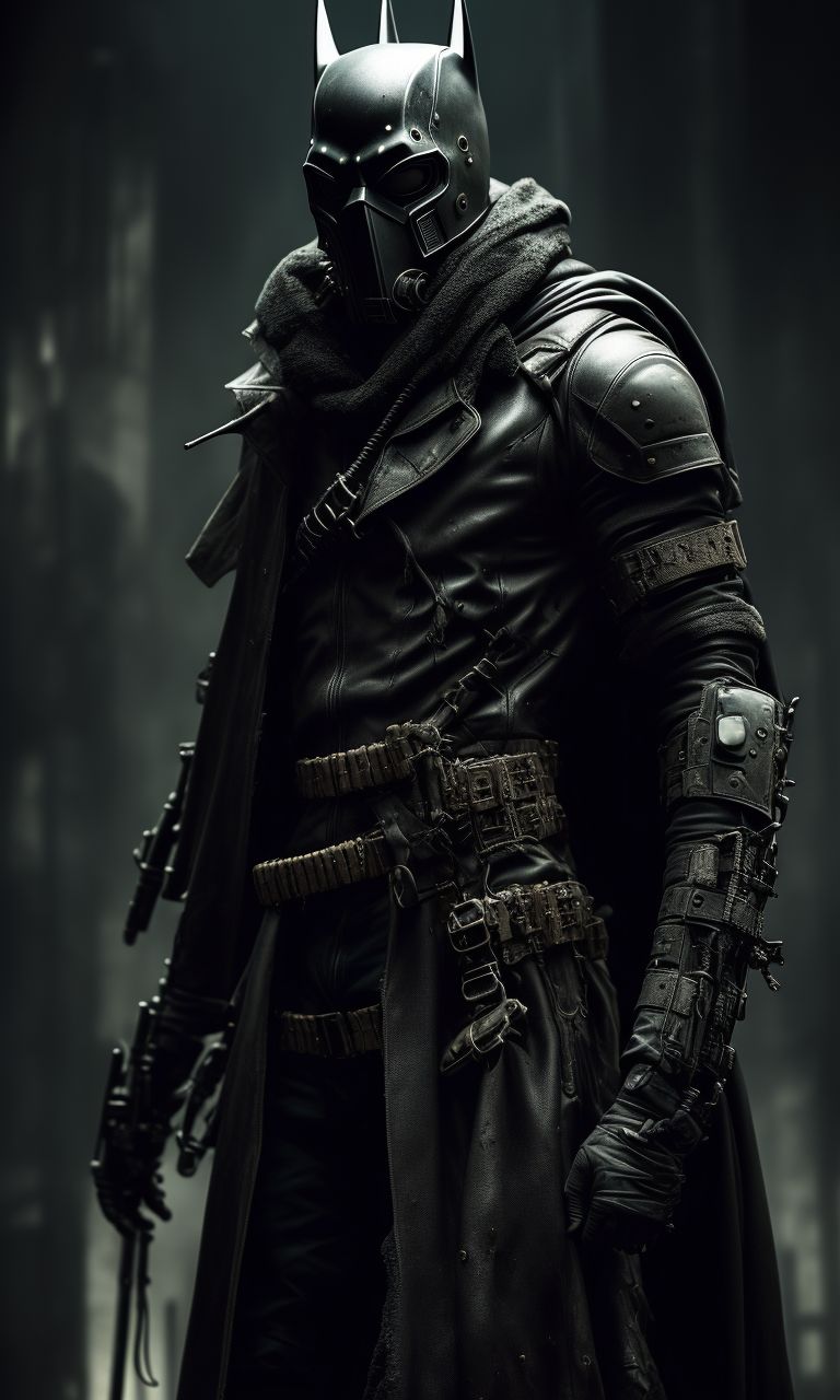 Iskandur postapocalyptic Batman, long grimy leather trench coat