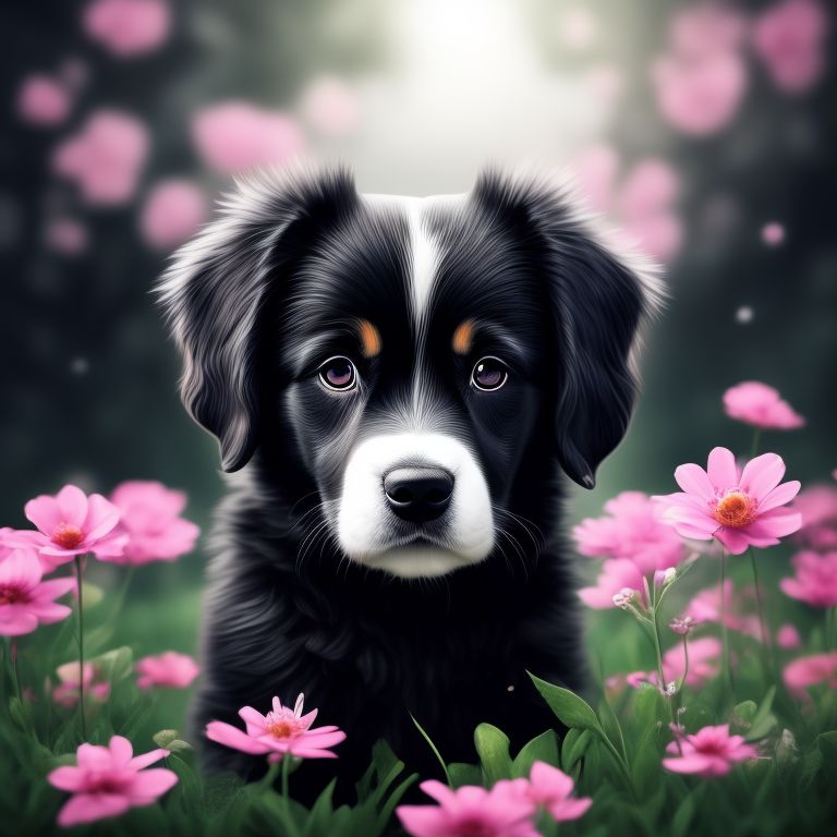 few-mole973: a dog, black and white, gadern ,flower, Realistic, Perfect ...