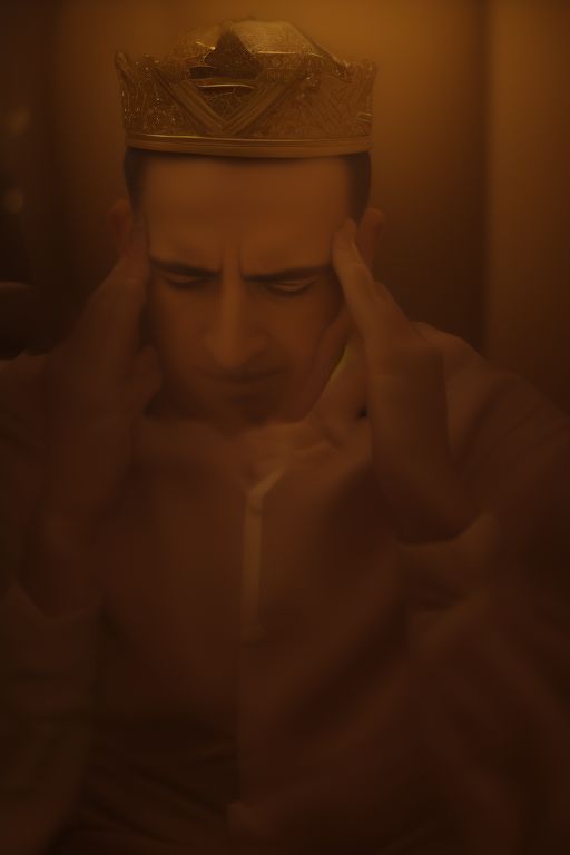 AmigoJC King David, crown on his head, hands on his head, head down