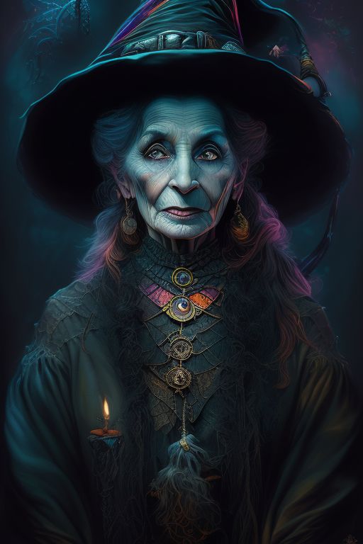 drawing old gerotype, pretty old witch, fantasy, colorful painting, perfect anatomy, with a dark background and a subtle glow illuminating her silky dress, created with intricate detail and smooth brush strokes, inspired by the art of alphonse mucha and greg rutkowski, trending on artstation and deviantart.