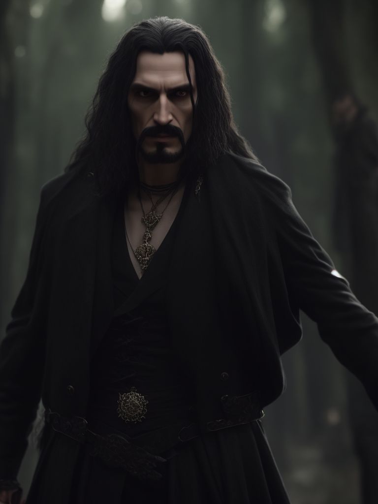 T.Tzepsch: Vlad Tepes the vampire, hyper-realistic, wearing a dark long ...