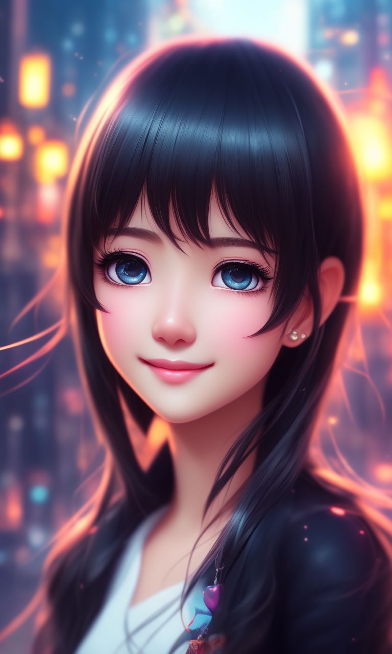 cute girl, smile, blink one eye, black hair, disney, hd, ultra detail, light city background, , Realistic, Perfect face, Cute, stunning landscape  background illustration concept art anime key visual, color manga style, trending on pexels