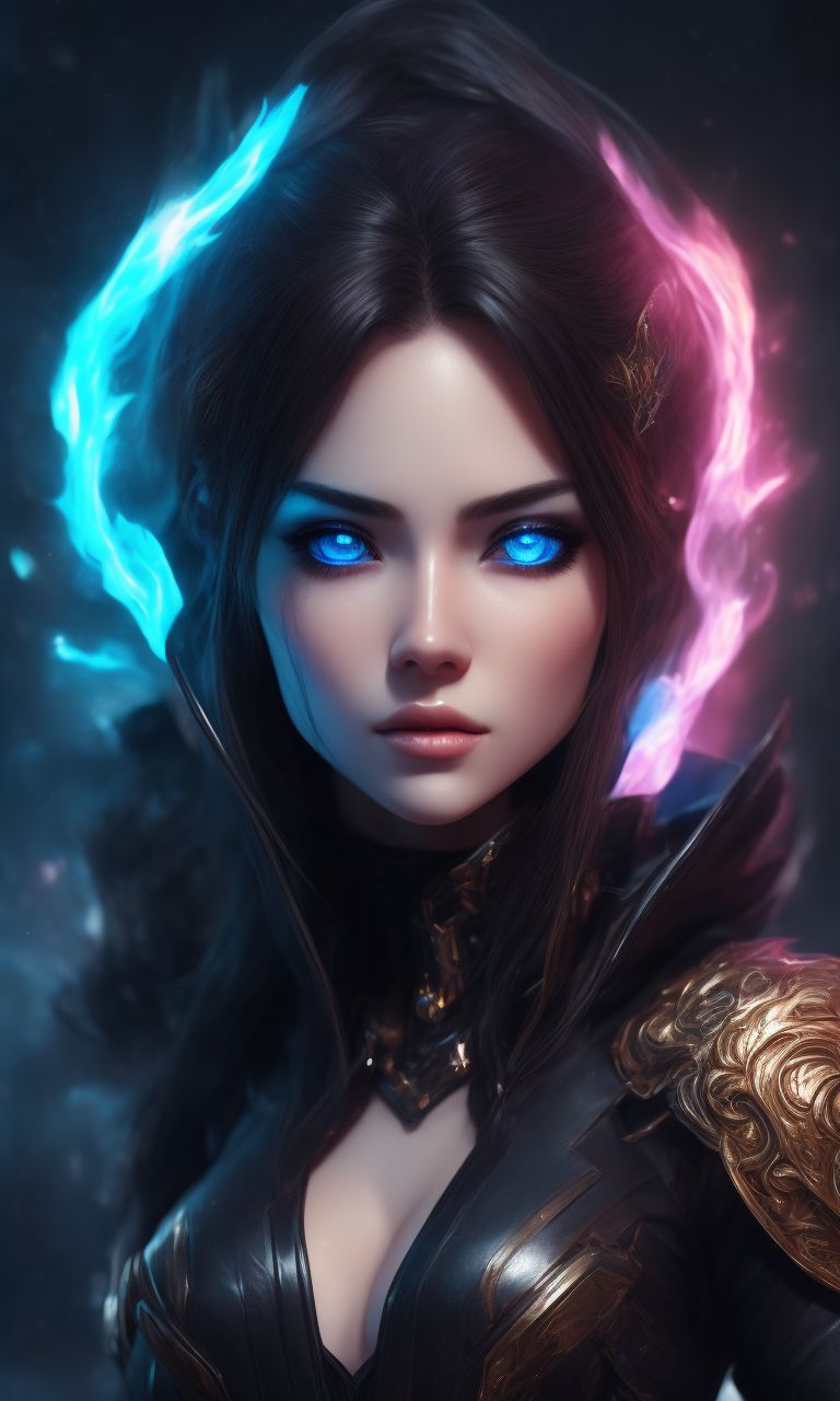 Merematrix: glowing blue eyes, intricate black jacket, intense gaze ...