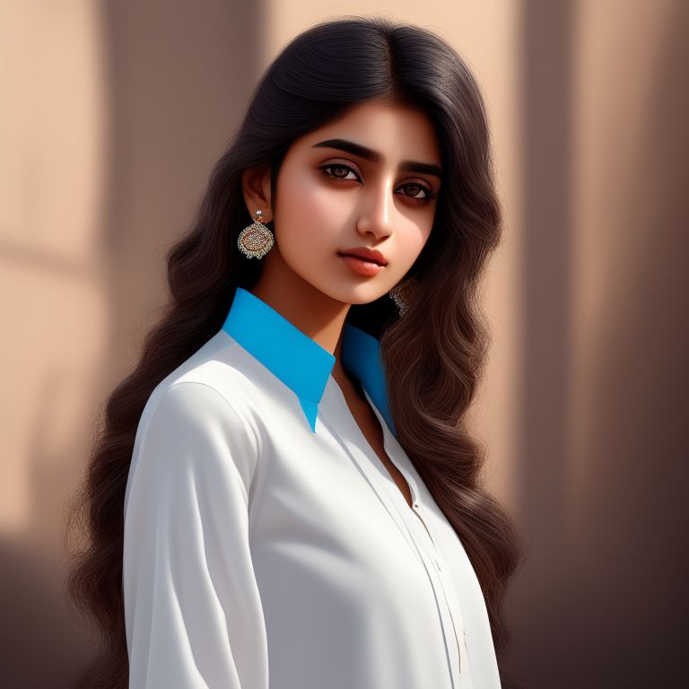 itchy-weasel595: Pakistani girl in simplistic white dress which has blue  flowered pattern. Sleevless shirt, open hair. Full portrait view realistic.