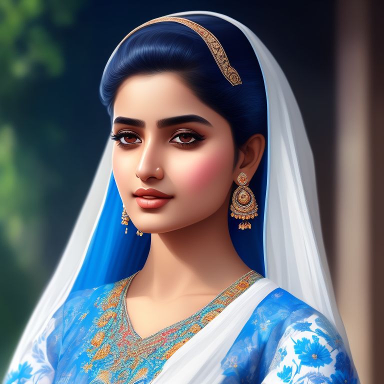 itchy-weasel595: Pakistani girl in simplistic white dress which has blue  flowered pattern. Sleevless shirt, open hair. Full portrait view realistic.