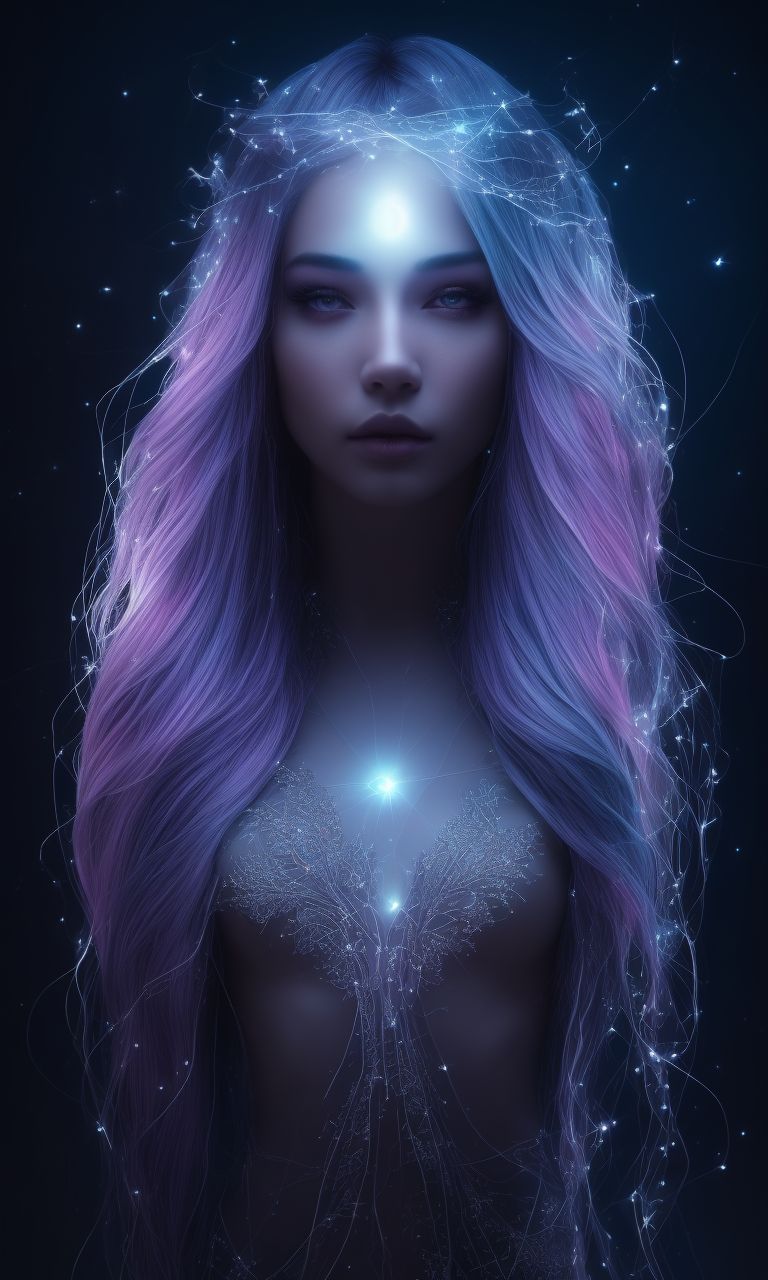 Merematrix: Masterfully crafted Glow, blue lens flare behind, hyperdetailed  full body painting of a ethereal, unnatural grey-skinned night elf goddess barely  clothed, with long white hair, bioluminescent hair, wearing a delicate  silver