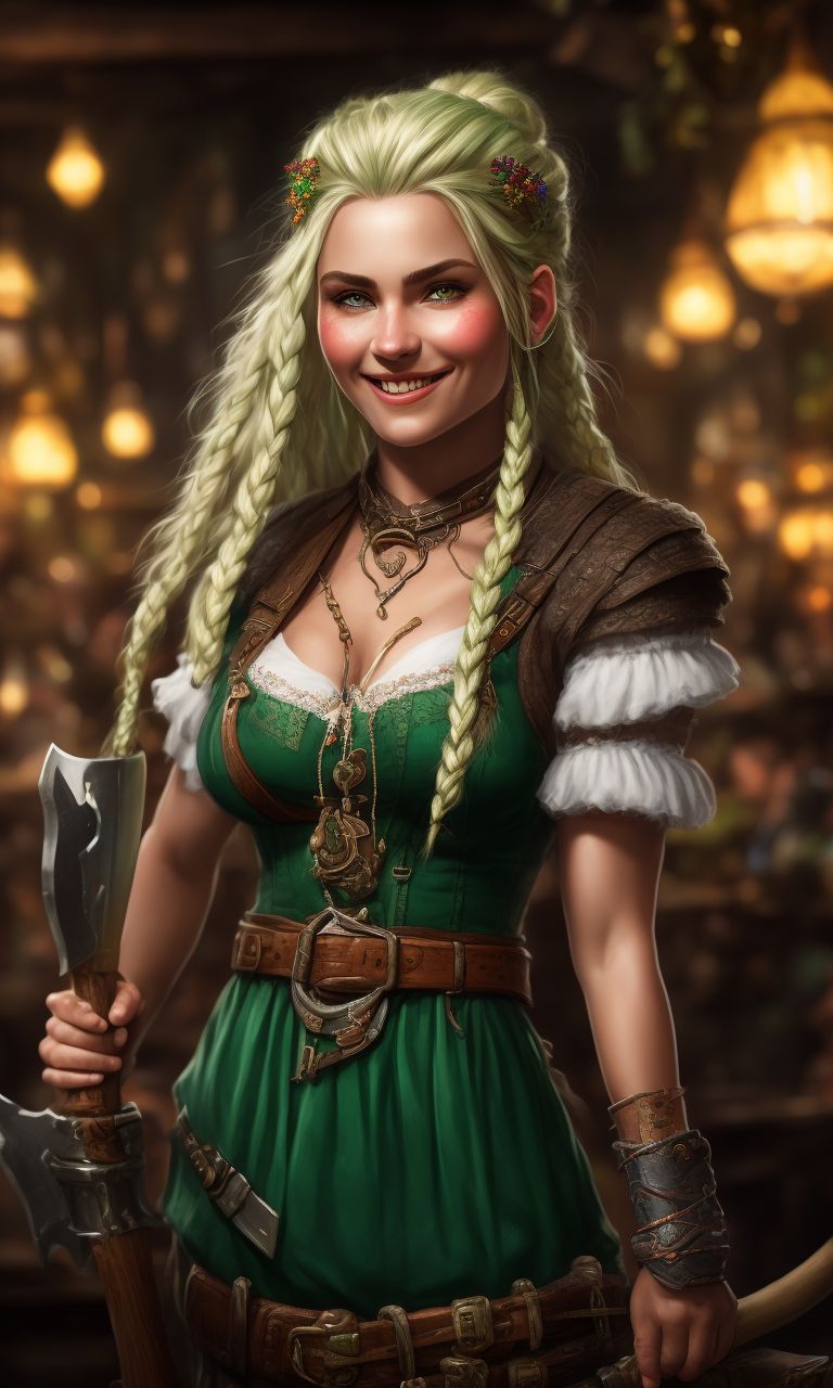 caucasian female gnome barbarian wearing green Dirndls with white details braided white hair holding an axe, smiling

, in a tavern, surrounded by beer mugs, Vibrant colors, Sharp focus, Digital painting, Highly detailed, Trending on Artstation, Fantasy, epic lighting, Tavern background, intense gaze., Fashion, knife in her belt