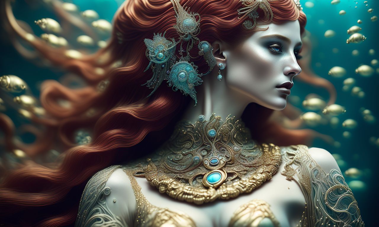 Woman celestial underwater goddess, long red hair, siren, sf, intricate artwork masterpiece, 
ominous, matte painting movie poster, golden ratio, trending on cgsociety, intricate, epic, 
trending on artstation, by artgerm, h. r. giger and beksinski, highly detailed, vibrant, production 
cinematic character render, ultra-high quality, Hyper realistic, Portrait photograph, Reflective and lustrous hair, Resplendent Gown, Royal Clothes, Velvet clothing texture, Intricate stich details in clothing, Ornately detailed clothing textures, Reminiscent royal style, fashion magzine worthy, Meticulous details, Ultra Fine Quality, Delightful Face, Beautiful Portraits, Sparkling Eyes, Captivating Eyes, vivid color, Vibrant colors, Joyful, Highest Craftmanship, Jewlery, Exuisitely Decorative Chest, Exuding Sophistication, Chanel, Stunning Fashion Editorial, Indoor Shooting, Studio lighting, Studio background, Sony A7 IV, Shallow depth of field, Dramatic perspective, Incredible Details, Beautiful intricate face, Silver Silk, Cinematic lighting, enhanced allure, Full body, Enchanting, Masterfully crafted, ((highest quality)), Visual Feast, Impressive Resolution, 32k resolution, 200 million pixels, unparalleled Realism, awe inspiring, Flickr contest winner, Lomography style, Unique, Radiant Smile