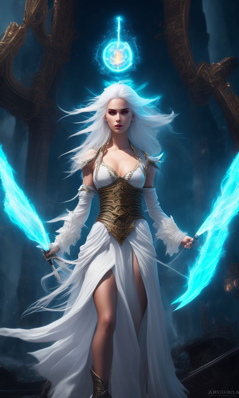 SilverEvermoore: fierce angelic female sorceress with white hair and  glowing skin, wearing a white dress, summoning a flaming sphere. She stands  on an ancient pirate ship surrounded by blue ocean waves. Her