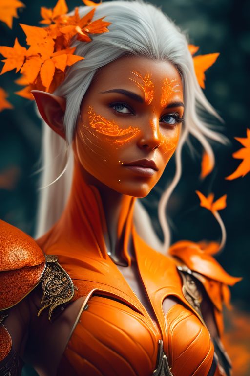 orange humanoid female eladrin with orange skin. Her skin glows orange. She has white hair and elf ears, wearing fantasy armor with vine details. autumn background, Fantasy, Bright orange skin body, Orange skinned, Orange skin, Orange skin tone, Orange skin elf, good anatomy, Sun lighting, rim lighting uhd, prime photography, smooth crisp line quality, Studio photo, Realistic