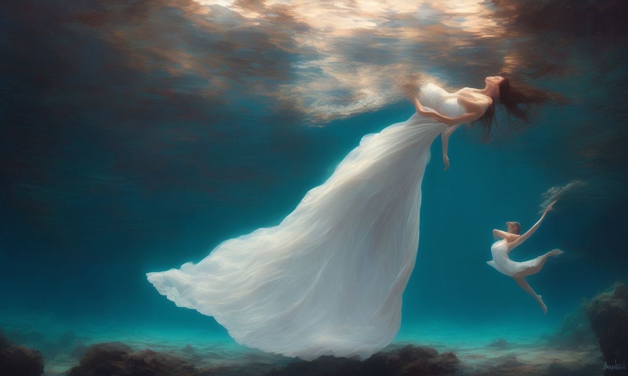 Hursty digital painting of a woman floating underwater wearing a