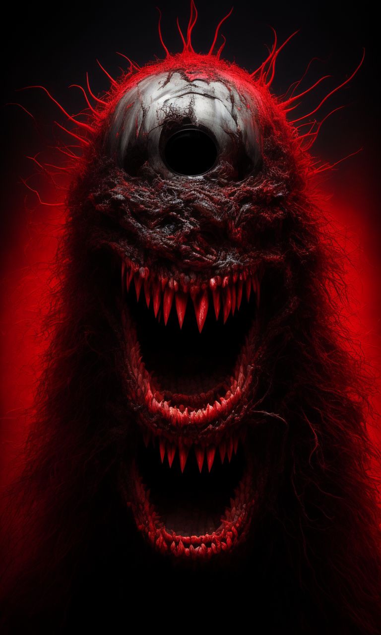 EvilKermit512: Horror movie monster, big teeth, crazy smile, beady red eye