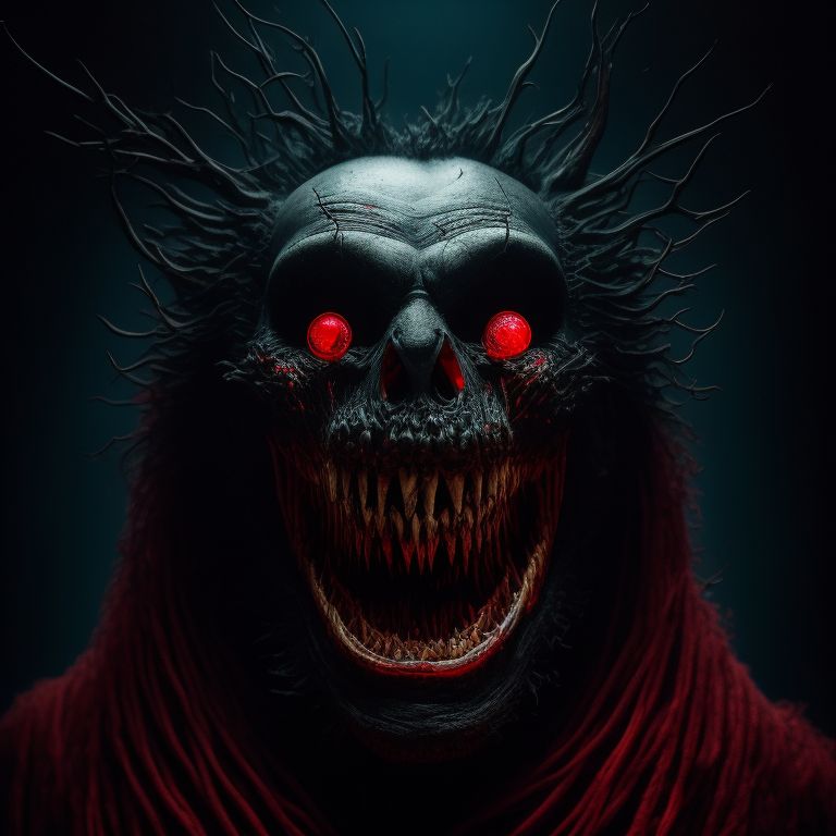 EvilKermit512: Horror movie monster, big teeth, crazy smile, beady red eye