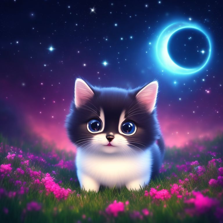 few-mole973: little cat fat, cute, big eye,villi, Super Cute And Adorable ,  heart hug, flower garden background image, 4k quality photo, the sky is  full of stars, (cute smile), cute big eyes