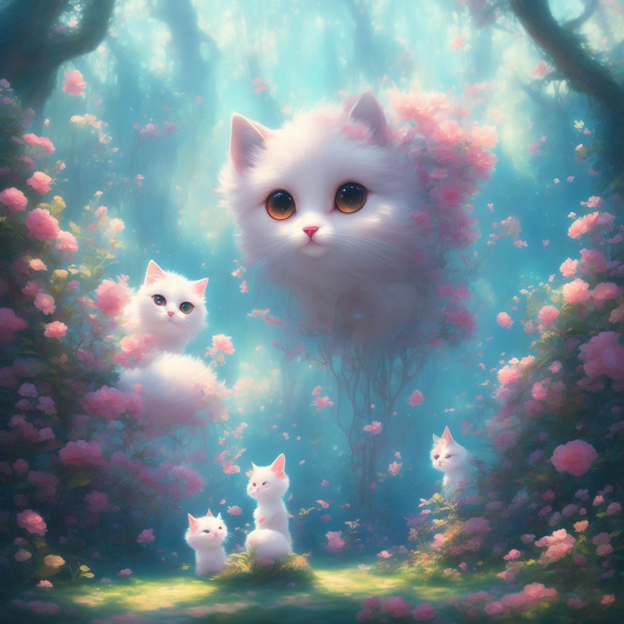 few-mole973: 1 cute cat , in the forest, fantasy, dreamlike, surrealism ...