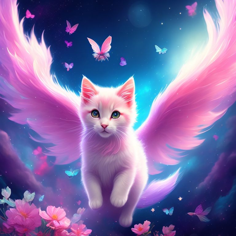 a pink kitten that is part unicorn pegasus flying through a nebula full of blue butterflies and spring flowers
, Intricate, Highly detailed, Dreamlike, Pastel colors, Digital painting, Trending on Artstation, art by loish and rossdraws and samdoesarts.