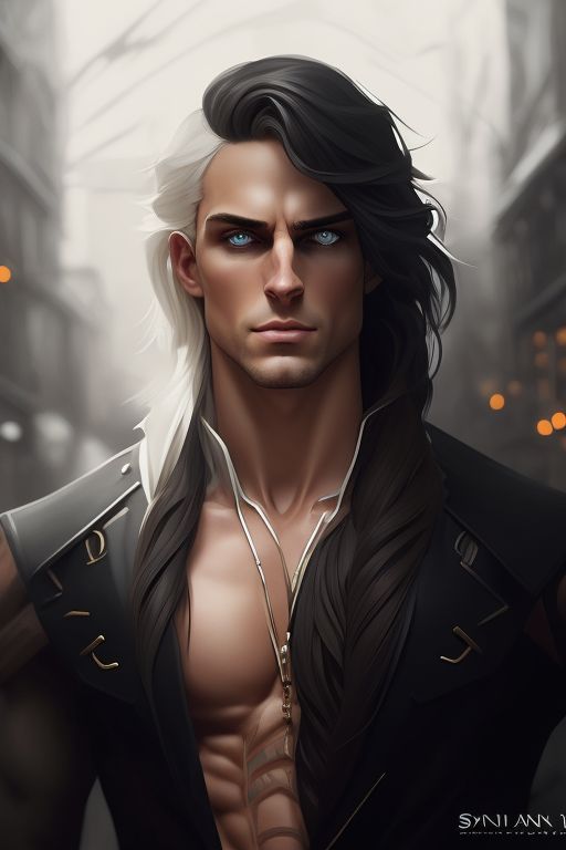 Desna: man, young, handsome with {{half white half black long hair ...