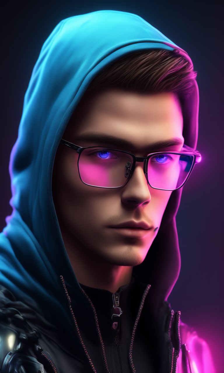 A nerdy ad tech wearing a zip up hoodie and round black rim glasses. He has short blonde hair and blue eyes. He has weird head phones around his neck and his hood is up. 

, Futuristic, Neon lighting, Highly detailed, Digital painting, Artstation, Concept art, Sharp focus, bold and vibrant colors, Art by Magali Villeneuve, Greg Rutkowski, and artgerm.