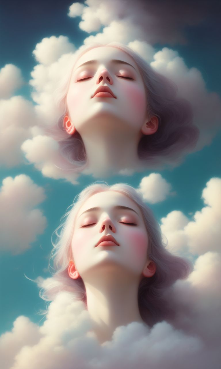 No More Pain, looking upwards with closed eyes and a serene expression, surrounded by soft pastel clouds, Moody, Dreamy, Surreal, Highly detailed, Digital painting, Artstation, Concept art, Pastel colors, gentle lighting, Sharp focus, Illustration, Art by lois van baarle, tran nguyen, and audrey kawasaki.