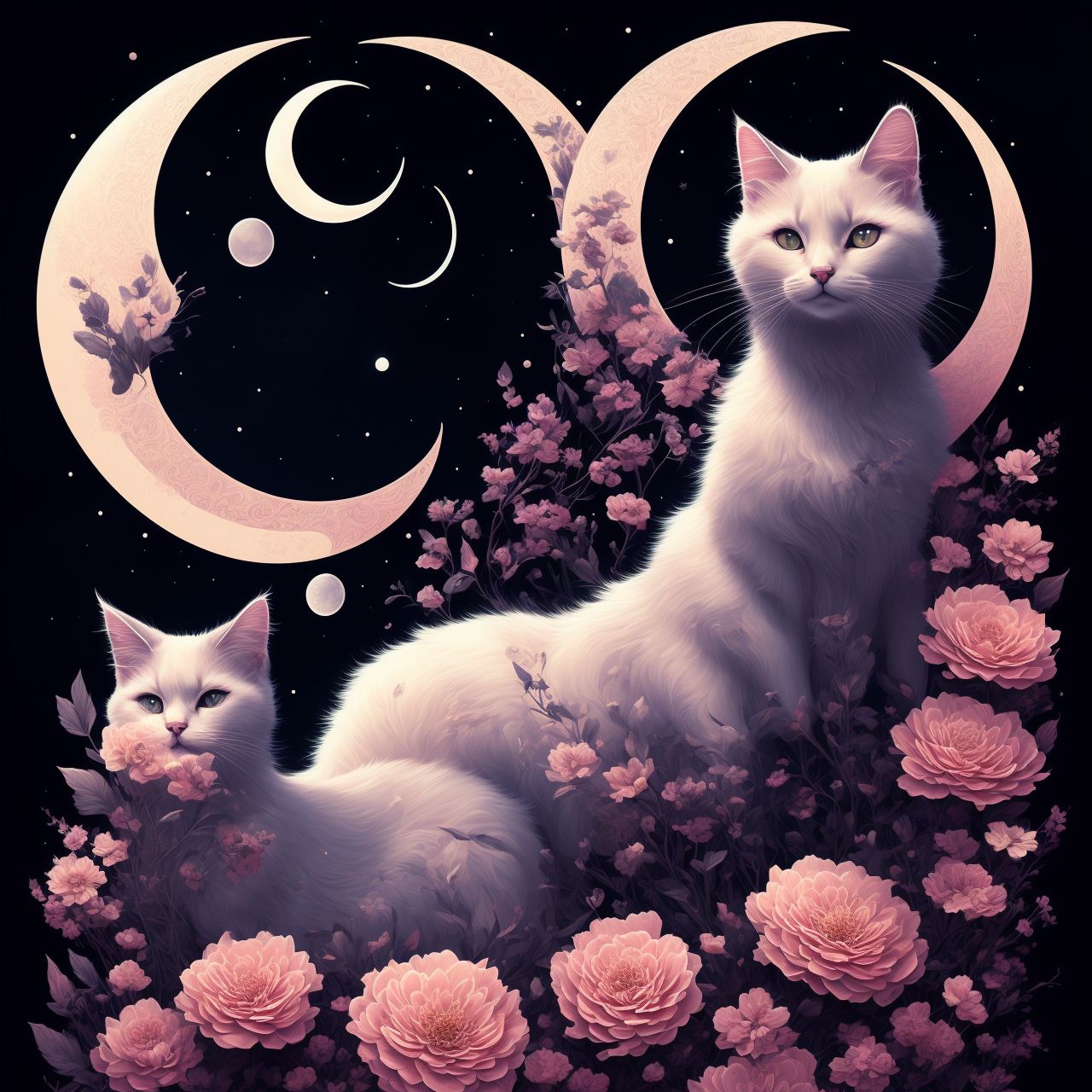 jumbo-goose744: The cat, flowers , design T-shirt, moon phases, black  background