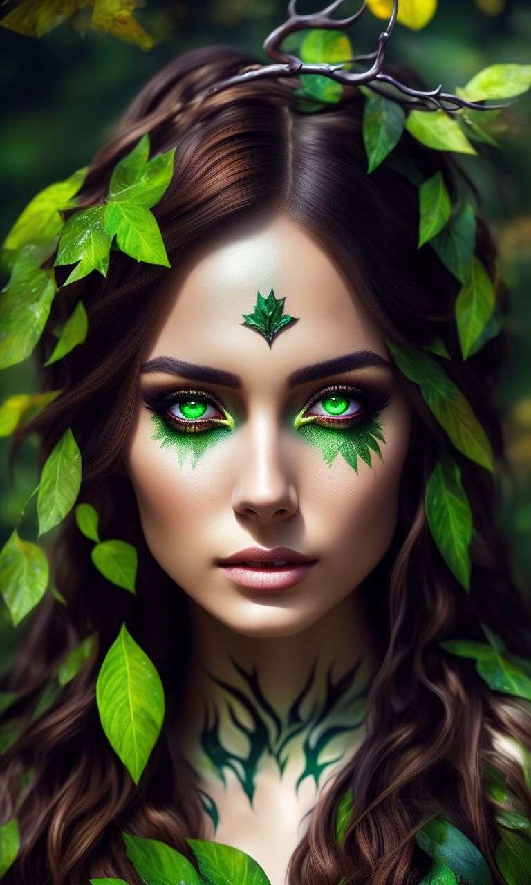 stunning fullbody d&d character art, a gorgeous female druid with two colored split hair ((brown and green)), ((dark green)) eyes, with elf ears, Antlers on her head. Her body is painted with leaves and vines. She should be thoughtful and powerful. She wields the power of nature. full body portrait. Forest clearing in the background. , body paint, standing, Detailed face, beautiful eyes and hair, flawless bright skin, soft makeup and draw thin eyebrows, Human-like eyes, good anatomy, photography taken by canon eos r5, Highly detailed, Fantasy, Perfect white balance, Sun lighting, rim lighting uhd, (art by norman rockwell), prime photography, smooth crisp line quality