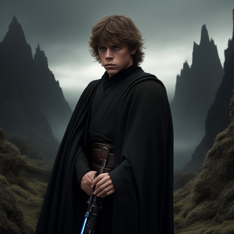 Young Luke Skywalker. He is dressed in black robes with a black cloak. He has short brown hair and a close-cropped beard. He is in Westeros. , dressed in black robes and cloak, brown short hair and close-cropped beard, holding a green lightsaber, Moody, highly-detailed, digital painting in the style of greg rutkowski and magali villeneuve with sharp focus, Intricate detail, and epic scenery.