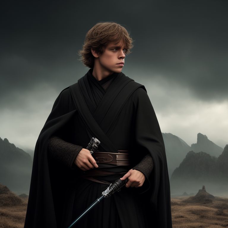 Young Luke Skywalker. He is dressed in black robes with a black cloak. He has short brown hair and a close-cropped beard. He is in Westeros. , dressed in black robes and cloak, brown short hair and close-cropped beard, holding a green lightsaber, Moody, highly-detailed, digital painting in the style of greg rutkowski and magali villeneuve with sharp focus, Intricate detail, and epic scenery.