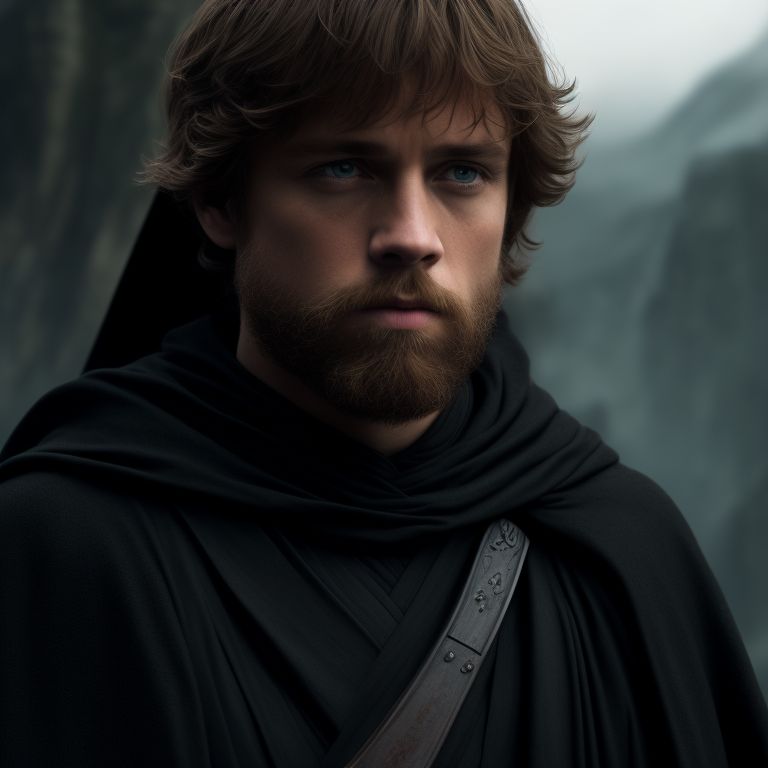 Young Luke Skywalker. He is dressed in black robes with a black cloak. He has short brown hair and a close-cropped beard. He is in Westeros. , dressed in black robes and cloak, brown short hair and close-cropped beard, holding a green lightsaber, Moody, highly-detailed, digital painting in the style of greg rutkowski and magali villeneuve with sharp focus, Intricate detail, and epic scenery.