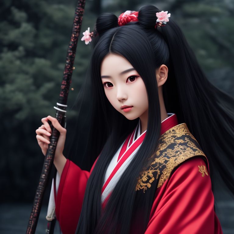 Untried Quail Anime Black Long Haired Babe Girl Samurai With Kimono Holding A Katana Inside