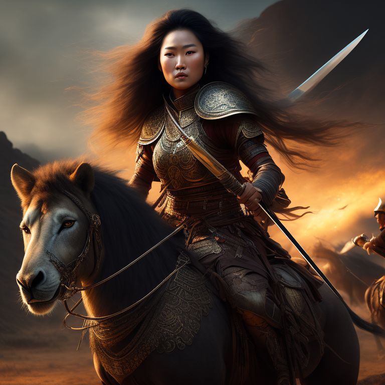 upset-loris732: female mongolian warrior riding horse in the savannah,  wearing female soldier fashion and holding big sword, chasing a lion