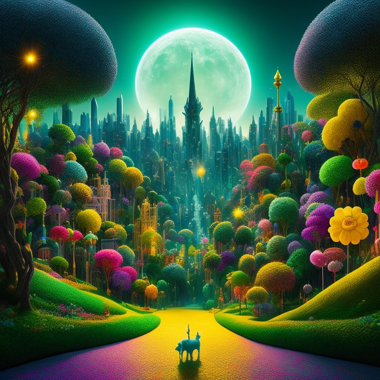 emerald city & yellow brick road from the wizard of oz, in a luxurious studio setting, Highly detailed, Colorful, Bright Lighting, digital art by kaws and takashi murakami, with a graffiti-inspired background and intricate patterns.