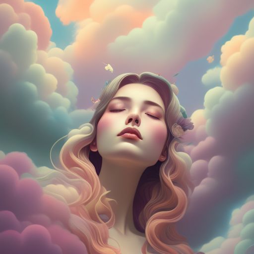 woman surrounded by colored hands, looking upwards with closed eyes and a serene expression, surrounded by soft pastel clouds, Moody, Dreamy, Surreal, Highly detailed, Digital painting, Artstation, Concept art, Pastel colors, gentle lighting, Sharp focus, Illustration, Art by lois van baarle, tran nguyen, and audrey kawasaki.