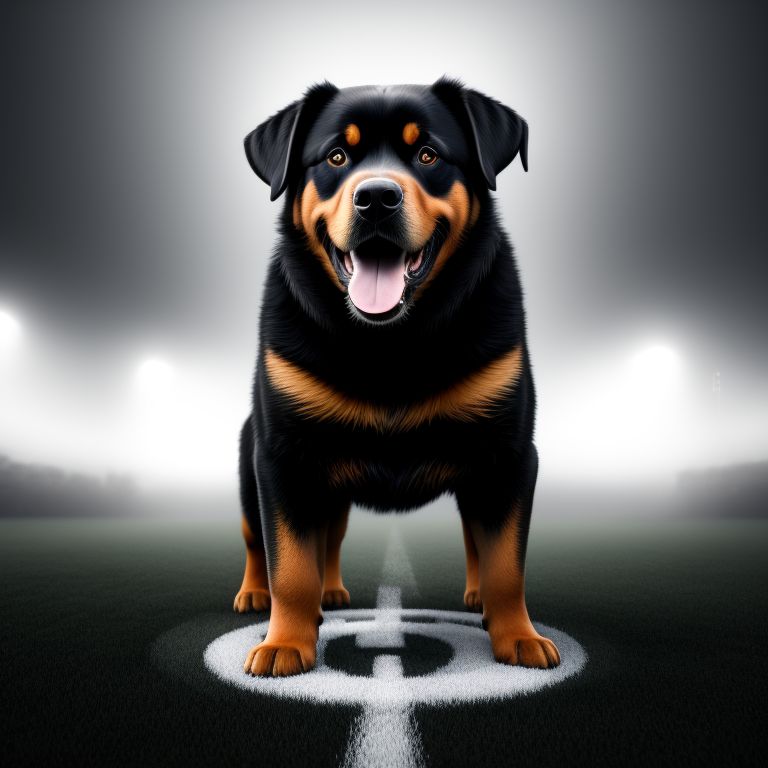 purple-eel490: Rottweiler dog barking with a lot of anger and sharp teeth  showing black and white, on football field coming fog off the ground