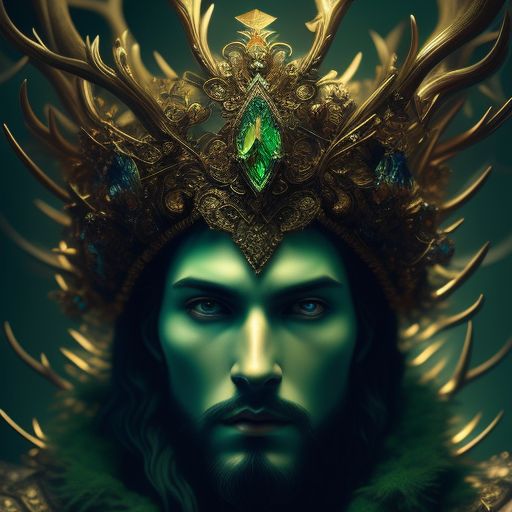 Silent Emperor of Green Meadows, crowned with antlers, Regal, Majestic, Serene, Peaceful, Intricate, Highly detailed, Sharp focus, Artstation, Fantasy, Low angle, Warm lighting, Vibrant colors, by artist robert farkas, Trending on deviantart.