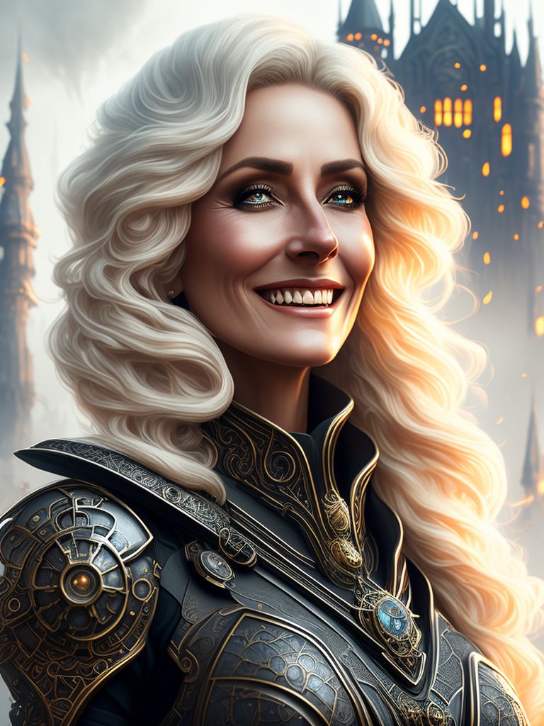 A beautiful 40 year old woman wearing gunmetal Sci-Fi armor that has ornate brass steampunk details, with a space castle and towers and white mist in the background , smiling in a dark, moody lighting with a castle on fire in the background, Highly detailed, Intricate, and textured digital painting inspired by tim burton's gothic style, Art by artgerm and greg rutkowski, trending on artstation.