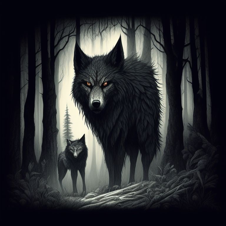 tinted-bear835: rougarou metis werewolf in the woods in pen line art style