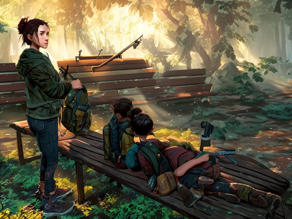 harsh-lark24: the last of us game art style, Ellie standing in front of a  wooden bench, two backpacks on top of the bench and Joel lying on top of  the bench with