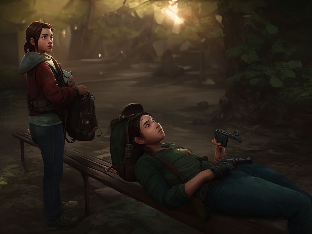 harsh-lark24: the last of us game art style, Ellie standing in front of a  wooden bench, two backpacks on top of the bench and Joel lying on top of  the bench with