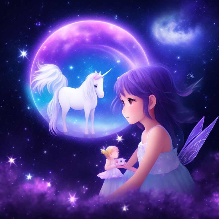 a fairy girl petting a white unicorn with a purple and blue starry night sky background, digital art in an anime style