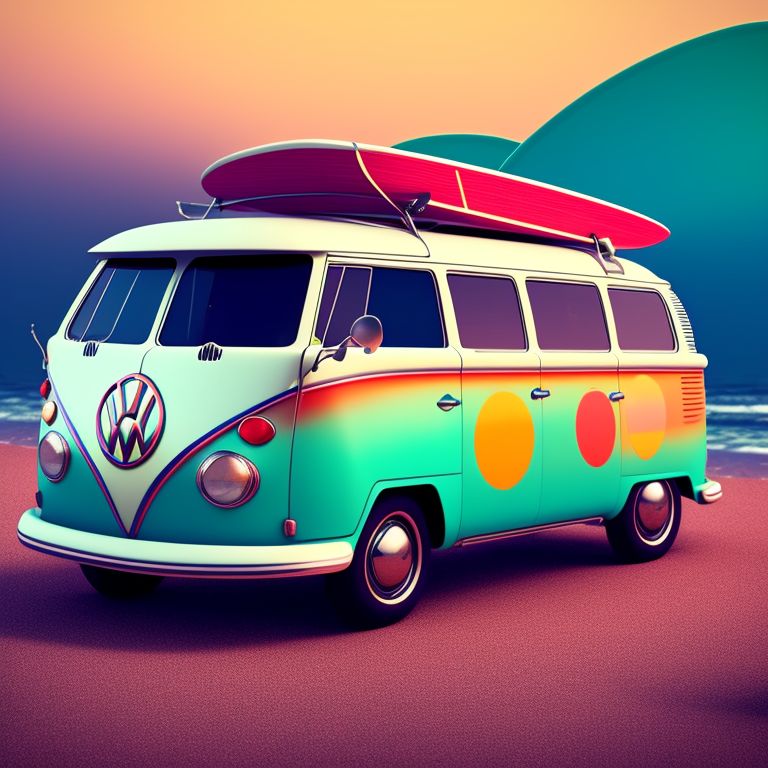 Ornate-lion461: Psychedelic Vw Bus With A Surfboard On The Roof And 