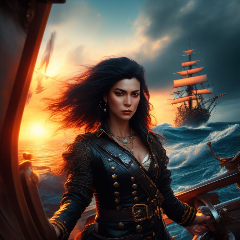 Varnabrokentree A Fierce Female Pirate Captain With Glossy Black Hair Stands On The Deck Of A