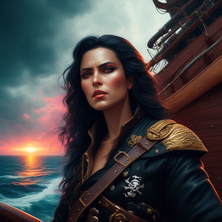 VarnaBrokentree: a fierce female pirate captain with glossy black