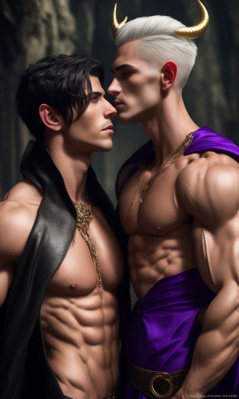 GeometricFuzz: gay half-elf man about to kiss gay male demon. Both men are  very attractive with no facial hair, no beard, no moustache, toned  physique. 