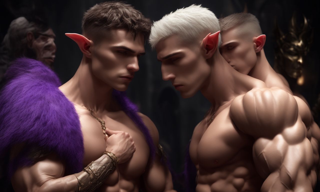 GeometricFuzz: gay half-elf man about to kiss gay male demon. Both men are  very attractive with no facial hair, no beard, no moustache, toned  physique. 